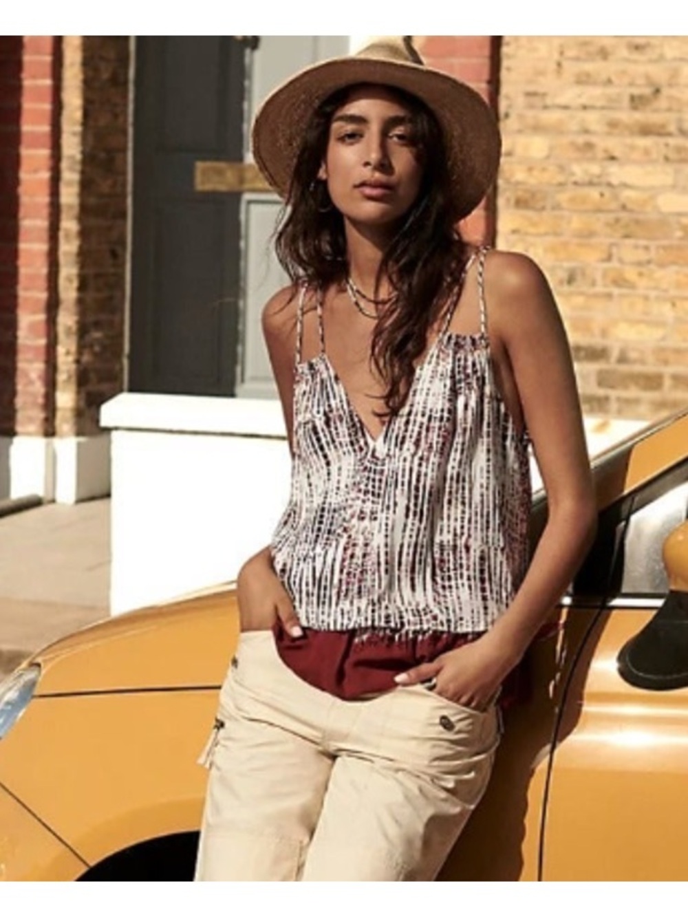 Anthropologie White Printed V-Neck Camisole with Burgundy Accents